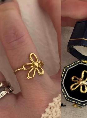 ins韩国自制幸运小花戒指小众设计感叠戴法式复古高级简约食指戒