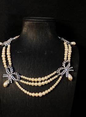 中古vintage复古蝴蝶结珍珠项链宫廷风小众气质多层链锁骨链项链