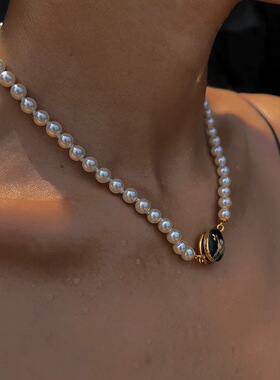 明星同款珍珠锁骨链磁吸扣时尚小众设计甜酷风项链
