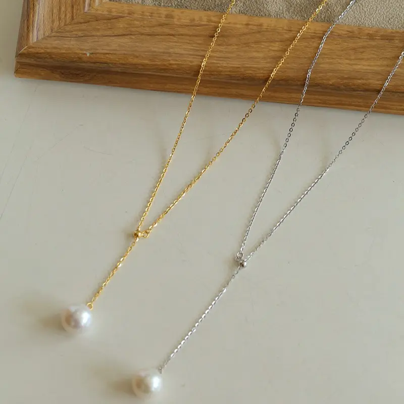 925银抽拉正圆珍珠y字锁骨链女简约时尚百搭潮流淡水珍珠项链