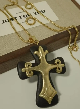 新款木制合金十字架流星长项链复古黑金耳饰毛衣链轻奢高级感耳环