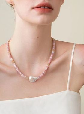 巴洛克浅粉色串珠锁骨链女法式时尚个性简约优雅淡水巴洛克项链