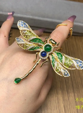 新款时尚设计指环彩色宝石钻镶嵌珐琅釉蜻蜓造型会动关节戒指中古