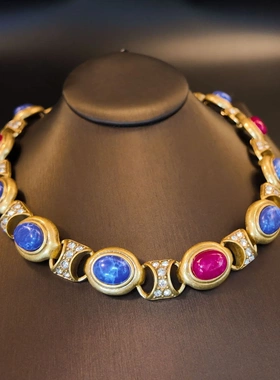 高级感玫红色椭圆天然石蓝色石头镶钻扣项链女复古时尚饰品