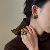 民族风纽扣棕榈绿松石耳钉戒指法式 复古小众设计花朵造型耳环首饰