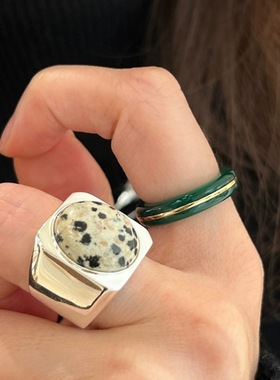 欧美复古椭圆斑点石镶嵌宽版戒指小众轻奢感方形指环扳指女