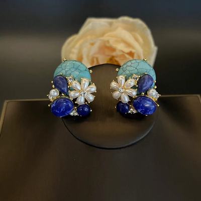 书册同款复古珍珠山茶花耳夹新款花朵蓝色青金石高级