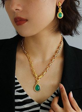 新款vintage绿水晶链条项链耳环女古董潮流复古简约项链耳环