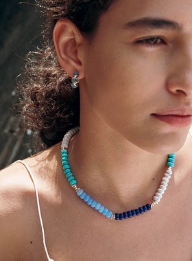 夏款天然石串珠氛围潮涌项链多色彩珠设计感小众锁骨链海蓝宝颈链