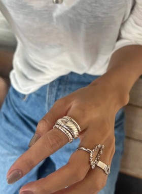 线条螺纹宽版925银戒指女经典个性冷淡百搭简约中性风戒指