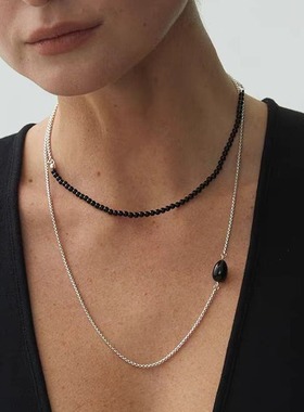 2024新款长链条拼接黑玛瑙项链女小众设计感锁骨链气质百搭项