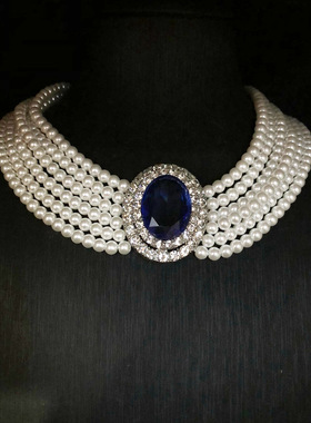 法式复古莱茵石镶嵌优雅蓝宝石颈链多层仿珍珠项链赫本风锁骨链