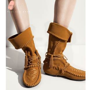 Moon Gate折叠堆堆靴流苏绑带西部靴波西米亚风 中筒靴林珍娜同款