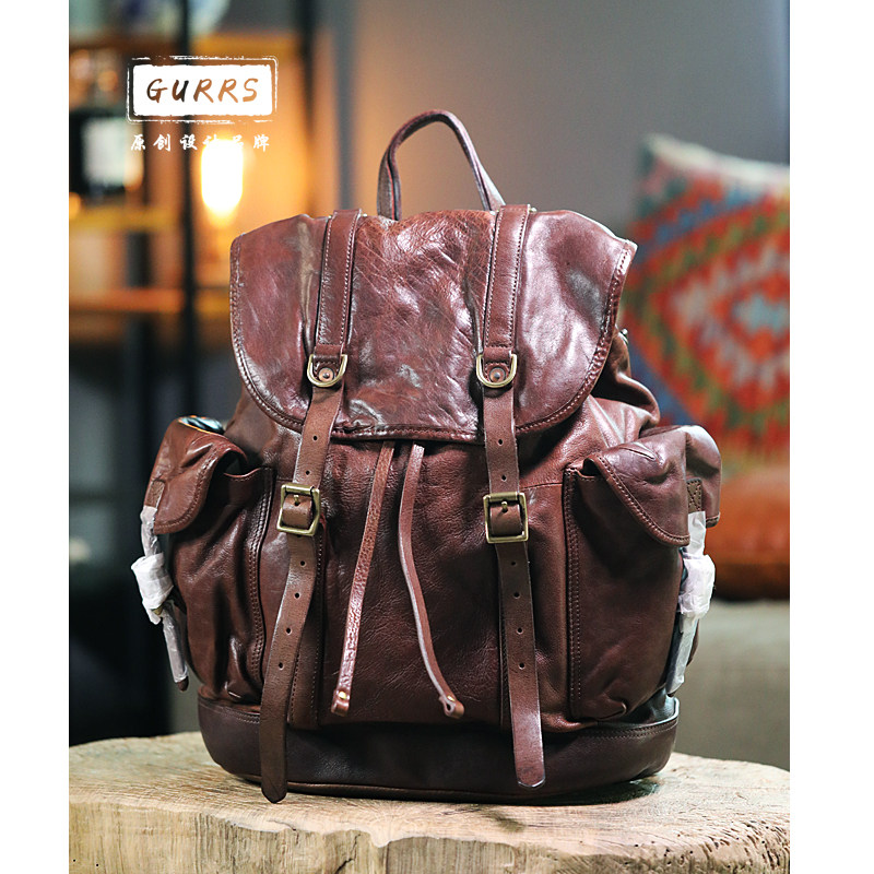 美式复古阿美咔叽重磅真皮露营旅行登山双肩伞兵背包全皮大容量