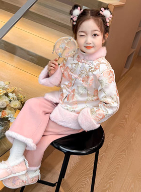 2024新款冬季儿童中国风拜年服粉色发夹对夹水貂毛球铃铛发夹