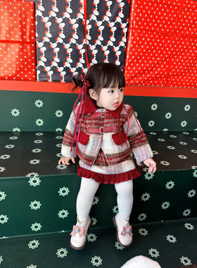 女童秋冬2024新款国风套装拜年服发夹铃铛植绒蝴蝶结对夹拍照写真