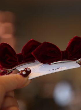 DIY新年红色耳后立体蝴蝶结发卡不伤发公主配饰刘海丝绒碎发夹