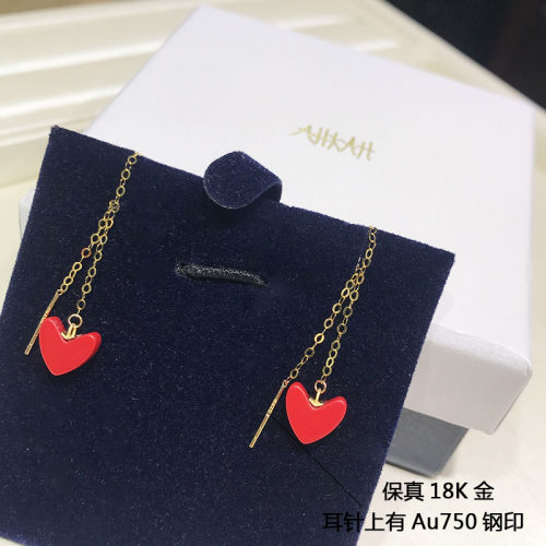 耳线18K金女耳坠红心耳线耳饰Au750黄金小爱心国风K金耳钉线