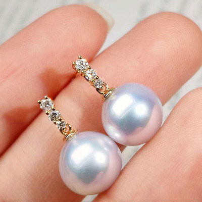 吉晓福K金配件 18K塔家三粒钻石耳钉配件 Au750镶钻珍珠耳饰空托