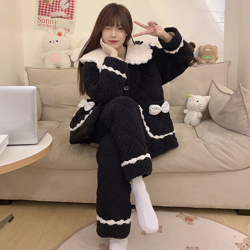 珊瑚绒睡衣女春夏新款开衫可爱卡通提花玫瑰绒保暖加厚家居服套装