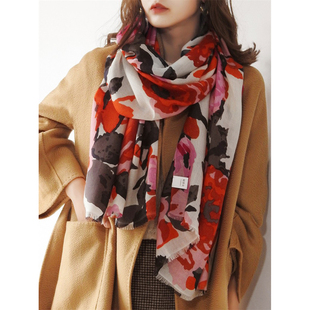 浓烈色彩  柔软红黑白印花全羊毛围巾披肩薄款女秋冬保暖百搭礼品