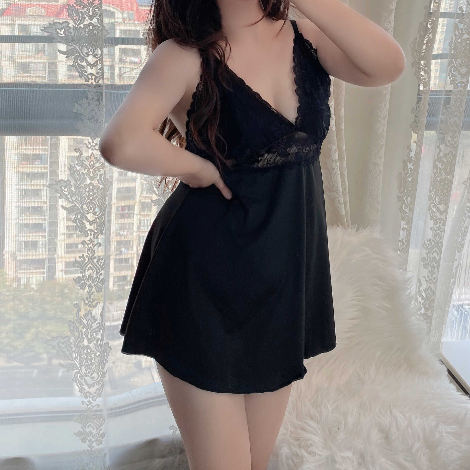 欧美大码纯欲连衣裙胖mm200斤穿蕾丝拼接宽松遮肚吊带睡裙