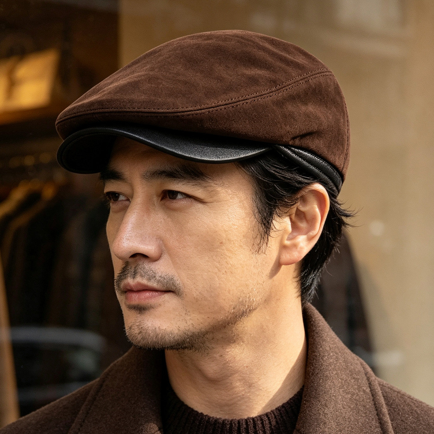秋冬季真皮帽子男士反绒羊皮鸭舌帽中老年休闲百搭前进帽贝雷帽潮