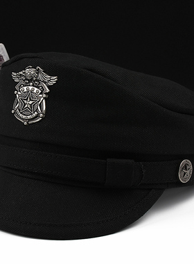 秋冬机车哈雷帽男士平顶帽中老年帆布鸭舌帽青年船长帽帅气骑行帽