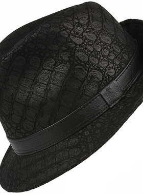 秋冬季真皮帽子男士反绒羊皮印花礼帽中老年人百搭爵士帽牛仔帽潮