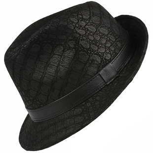 秋冬季真皮帽子男士反绒羊皮印花礼帽中老年人百搭爵士帽牛仔帽潮