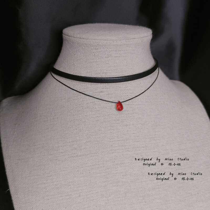 不褪色 酒红水滴珠颈链项圈双层黑锁骨链项链女款颈带配饰choker