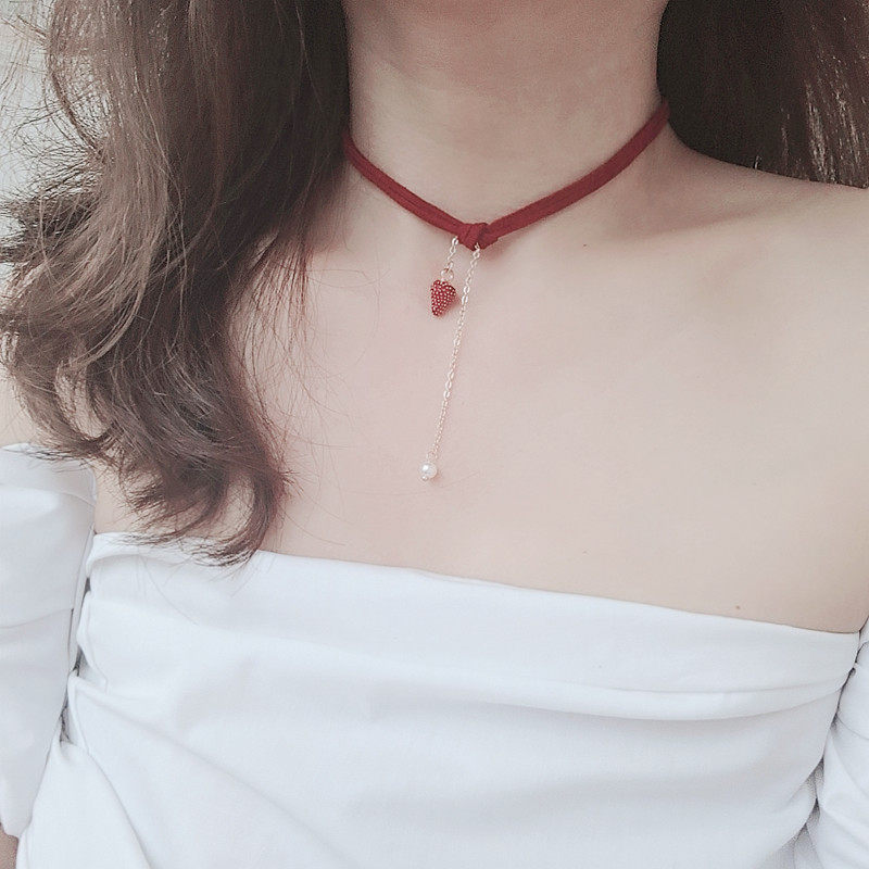 choker草莓  项圈女复古酒红双层颈链日韩锁骨项链颈带脖子饰品