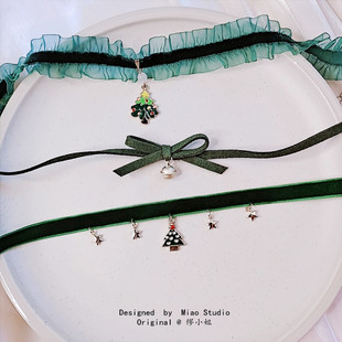 原创 圣诞节 铃铛 蝴蝶结星星树丝绒少女choker蕾丝颈链项圈脖链