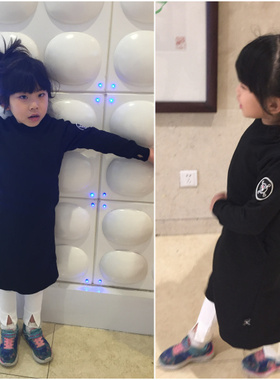 秋冬新款儿童连衣裙 黑灰色连帽袖章纯色连衣裙子 母女气质亲子装