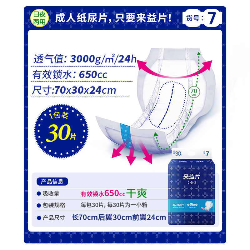 来益片7号蝴蝶片纸尿片老人用尿不湿70*30大号加厚成人纸尿垫护理