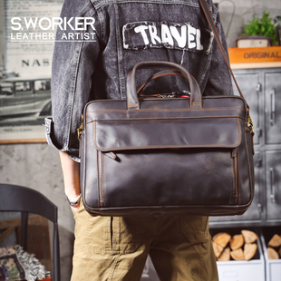 思沃可 复古头层牛皮疯马皮公文包手提男包单肩真皮17寸电脑包
