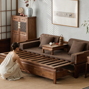 谭阿诺家具新中式北美黑胡桃木推拉实木罗汉床茶桌椅宋式美学沙发