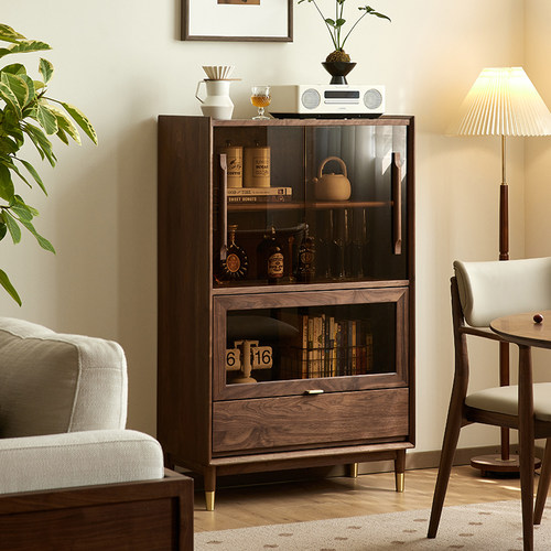 北美黑胡桃木玻璃酒柜现代北欧简约实木立柜家用收纳展示储物柜