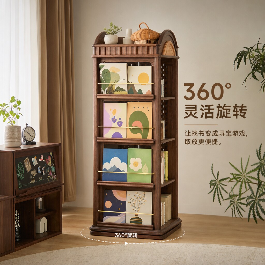 谭阿诺实木旋转书架儿童绘本架黑胡桃360度落地置物架客厅书柜图片