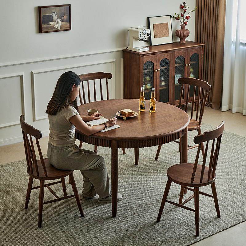 北美黑胡桃木圆桌中古风餐桌法式小户型饭桌子圆形餐桌复古全实木