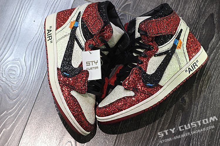 STY定制 air jordan 1 AJ1 OW联名 白黑红 璀璨亮片水晶 高帮球鞋