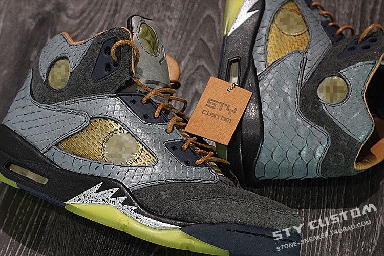 STY定制换皮 air jordan 5 AJ5 ow联名解构 蝉翼蛇纹  高帮篮球鞋