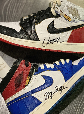 STY定制鳄鱼纹 Air Jordan 1 AJ1 UNION联名黑脚趾拼接高帮篮球鞋