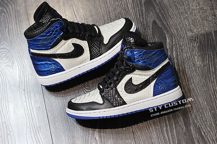 STY custom客制换皮 air jordan 1 黑蓝闪电 蟒蛇鳄鱼纹 蛇纹材质