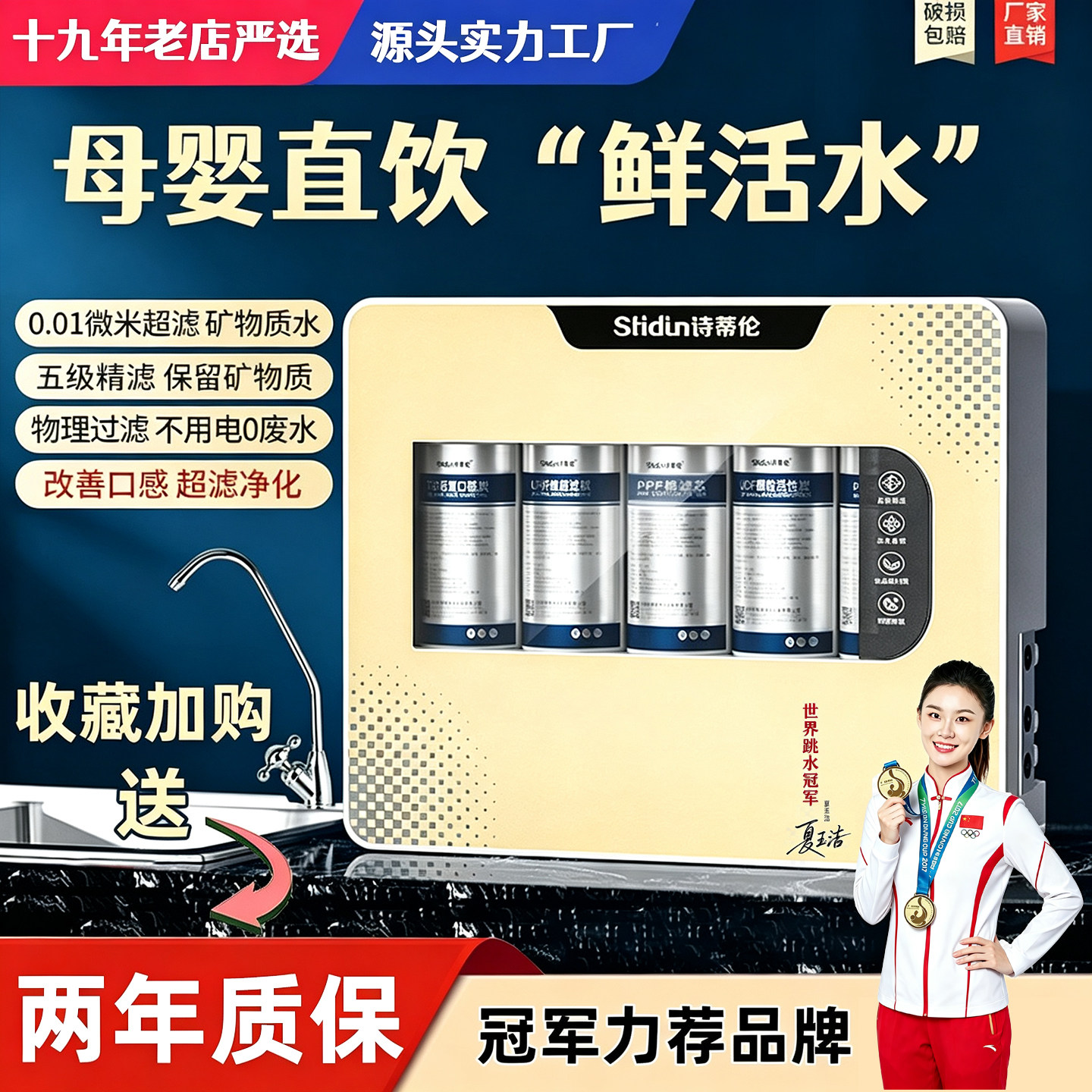 诗蒂伦净水器自来水净化直饮鲜活水五级超滤机厨房壁挂阻垢净水机