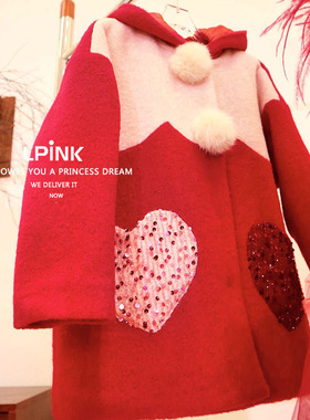 【Lpink童装】秋冬季新款洋气女童亮片拼接毛球爱心耳朵外套93092