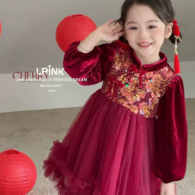 新年款女童重工亮片国风连衣裙