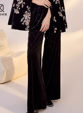 LPINK 【妈妈福利】秋冬季女装休闲高腰烫钻丝绒直筒长裤91735