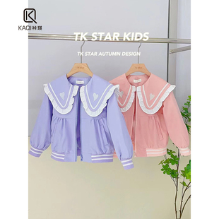 洋气宝宝学院风爱心刺绣海军领风衣外套8295 女童春秋款 TK原创