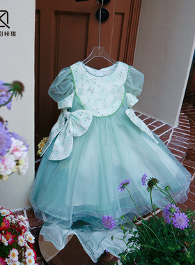 【Lpink童装】女童夏新款洋气网纱拼接泡泡袖大蝴蝶结连衣裙90324